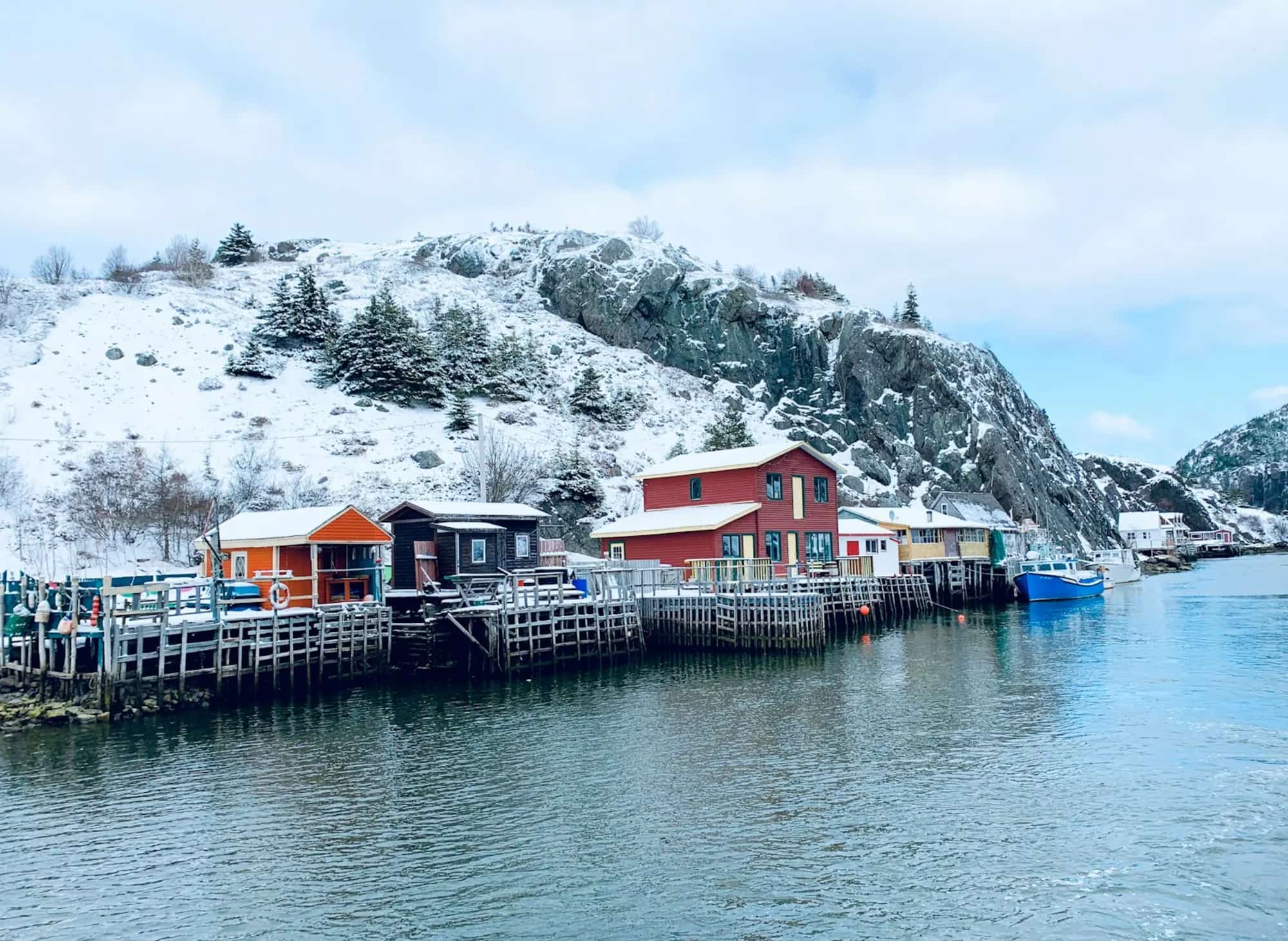 Quidi Vidi village under snow, wooden stages built out over the water
